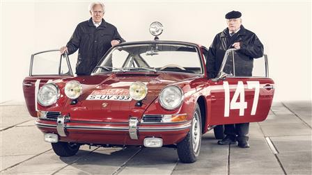 Former Race-Car Driver Peter Falk (left) and Herbert Linge, Monte-Carlo 911 of 1965